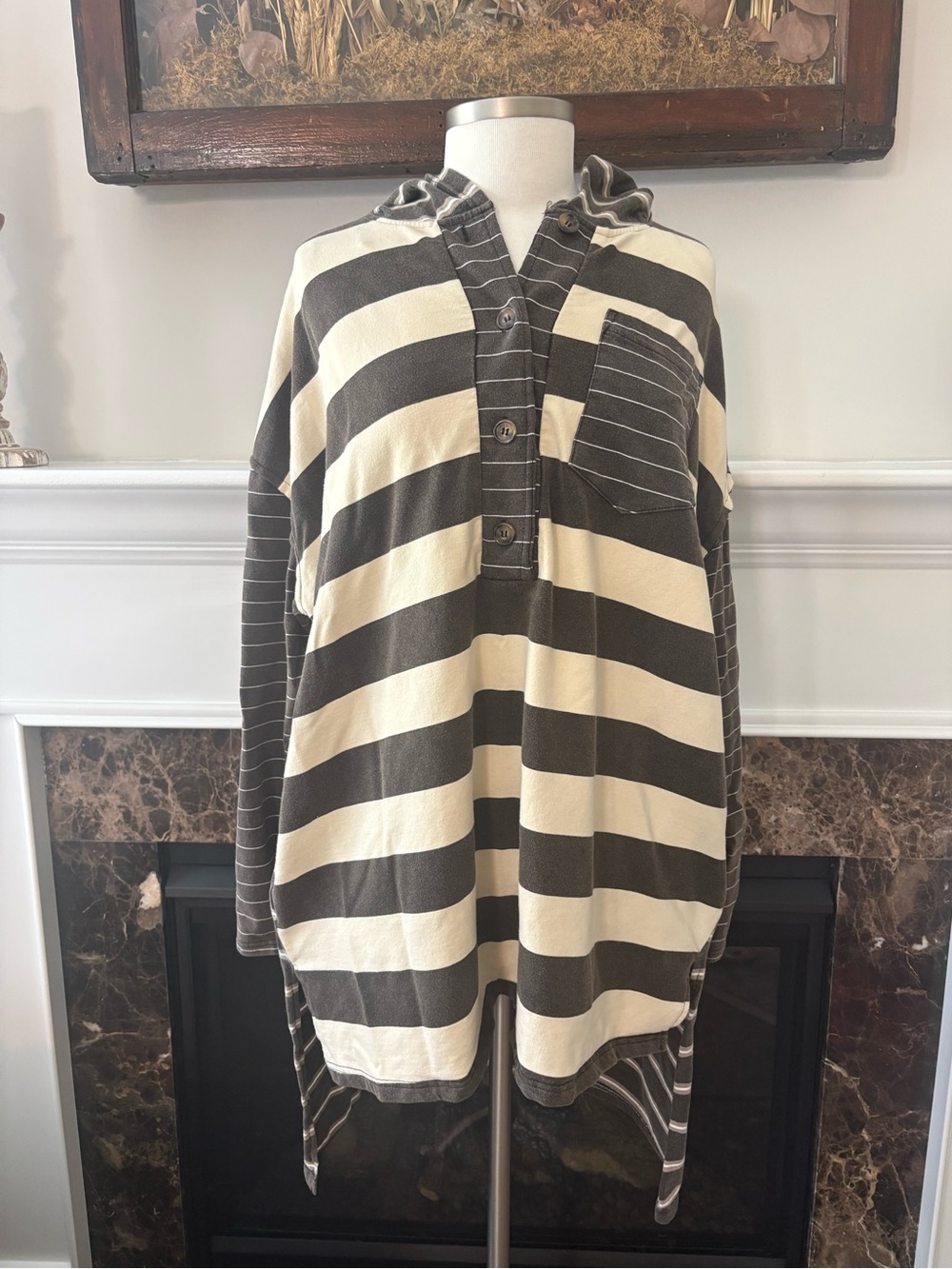 Blue Velvet Oversized Striped Hooded High Low Henley Top Brown/Cream Size Small